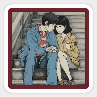 Brunet couple sitting on the bench and holding hands Sticker